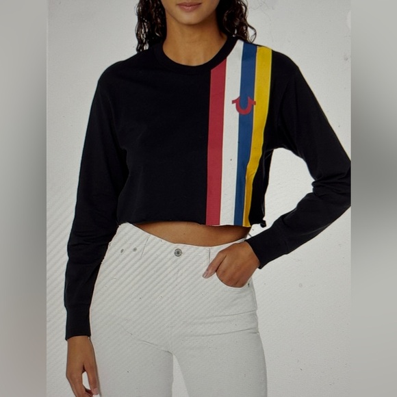 True Religion Tops - True Religion Black Crop Top with faux leather stripes XL